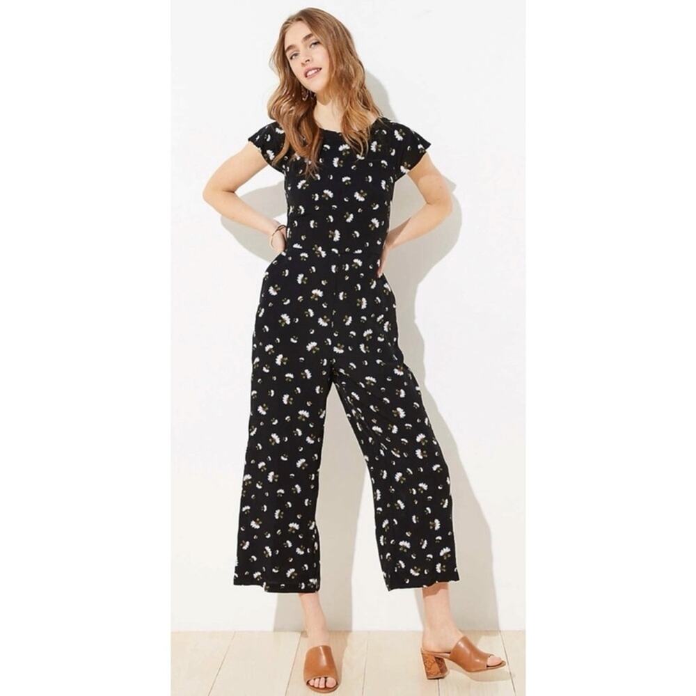LOFT ANN TAYLOR Jumpsuit Size 0 NWT Romper Floral Tie Back Black Summer Wedding - Picture 1 of 14